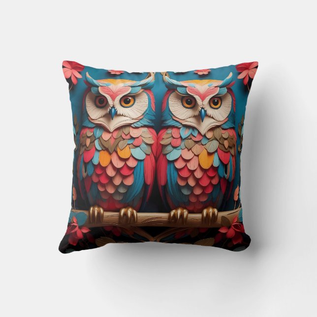 Whimsical Blossoms Coloured Owl Throw Pillow (Back)