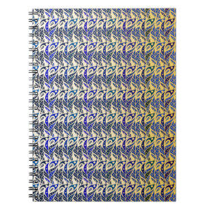 Whimsical blue and gold peacock feather pattern notebook