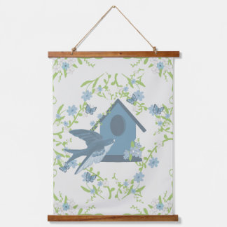 Whimsical Blue and Green Floral Bird Cottagecore Hanging Tapestry