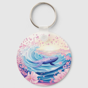 Whimsical Blue And Pink Whale Art Keychain