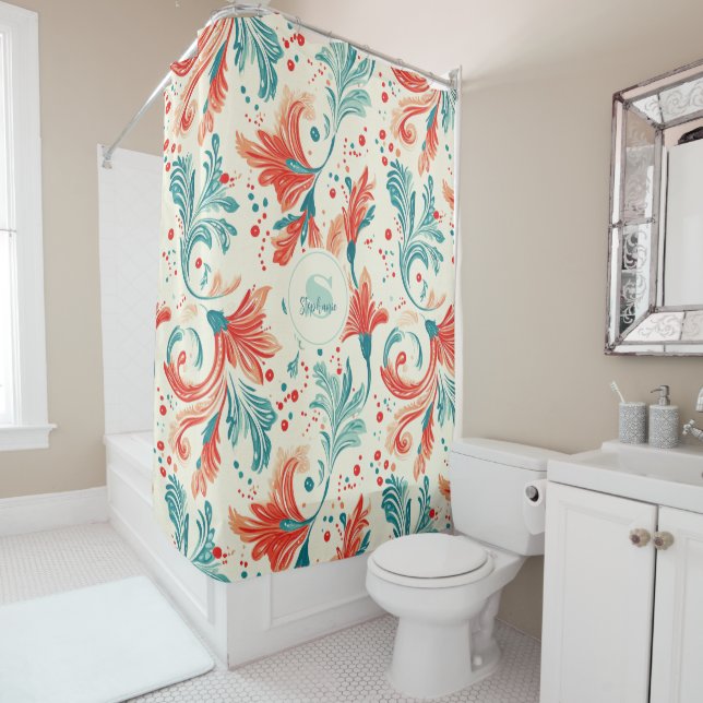 Whimsical Blue and Red Paisley Leaf Pattern (In Situ)