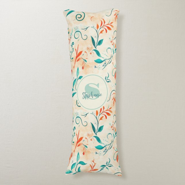 Whimsical Blue and Red Paisley Leaf Pattern (2) Body Pillow (Front Vertical)