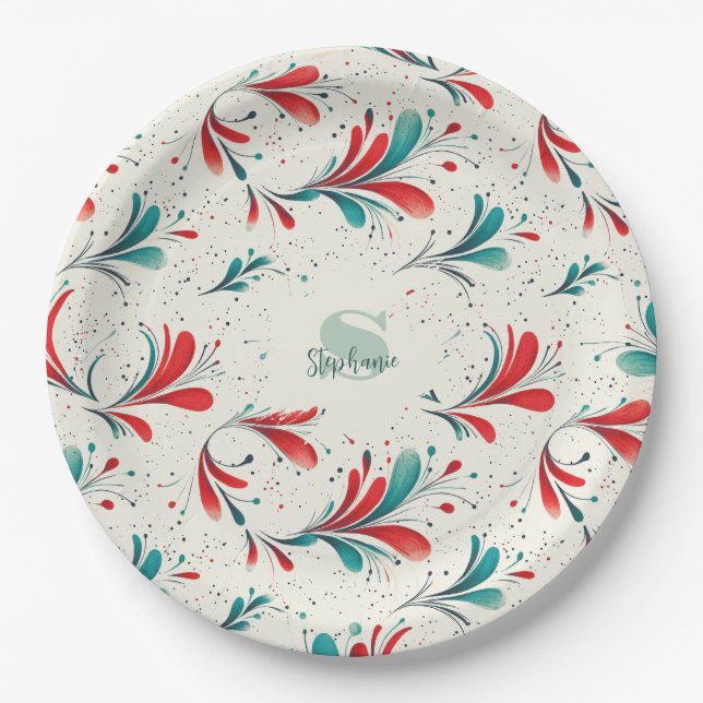 Whimsical Blue and Red Paisley Leaf Pattern (2) Paper Plate (Front)