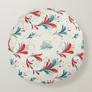 Whimsical Blue and Red Paisley Leaf Pattern (2) Round Pillow