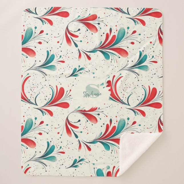Whimsical Blue and Red Paisley Leaf Pattern (2) Sherpa Blanket (Front)