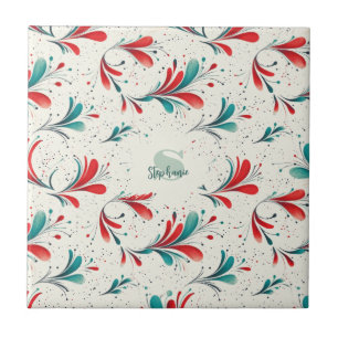 Whimsical Blue and Red Paisley Leaf Pattern (2) Tile