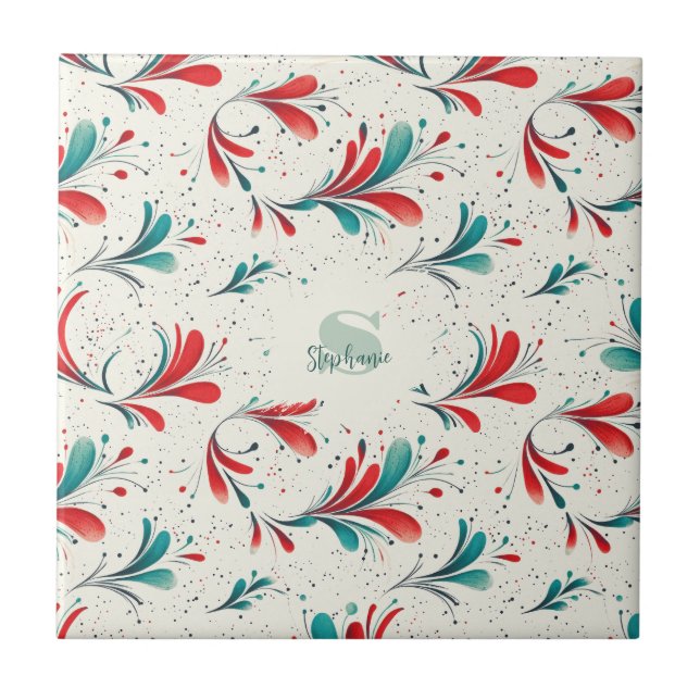 Whimsical Blue and Red Paisley Leaf Pattern (2) Tile (Front)
