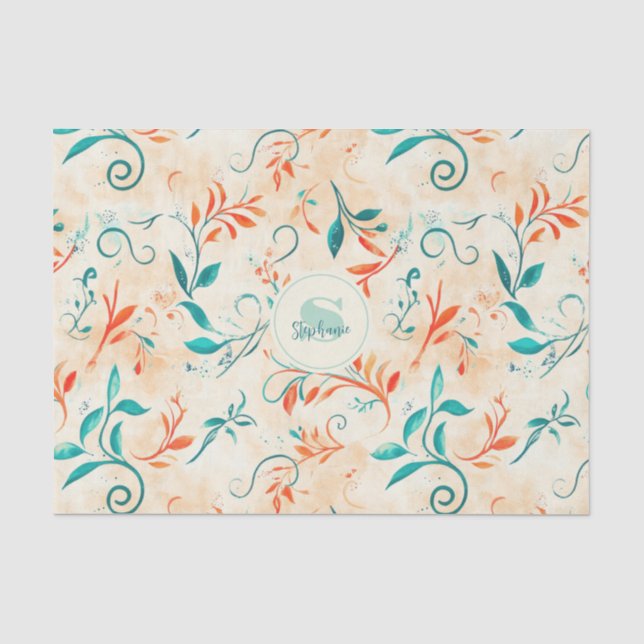Whimsical Blue and Red Paisley Leaf Pattern (2) Tissue Paper (Front)