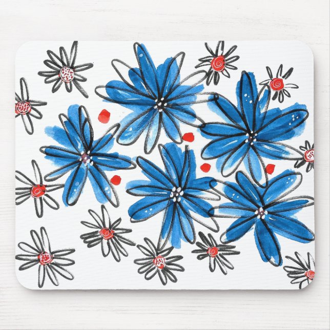 Whimsical Blue and White Flowers Mouse Pad (Front)