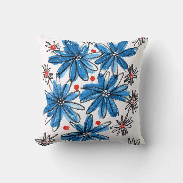 Whimsical Blue and White Flowers Throw Pillow (Front)