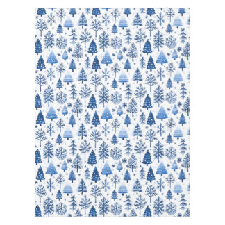 Whimsical Blue and White Winter Tree and Snowflake Tablecloth