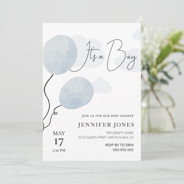 Whimsical blue balloon it's a boy invitation (Standing Front)