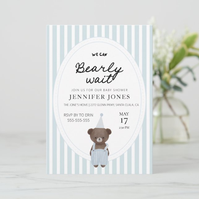 Whimsical blue bearly wait  teddy bear  invitation (Standing Front)