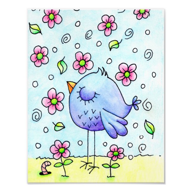 Whimsical Blue Bird And Flowers Photo Print (Front)