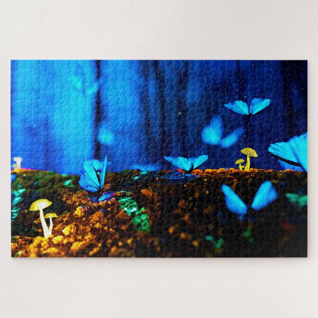 Whimsical Blue Butterflies Mushrooms Forest Jigsaw Puzzle (Horizontal)