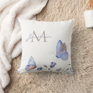 Whimsical Blue Butterflies Name Throw Pillow