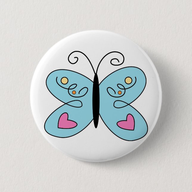 Whimsical Blue Butterfly with heart Wings 2 Inch Round Button (Front)