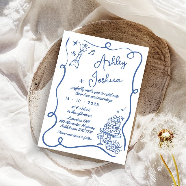 Whimsical Blue Cake Bottle Hand Drawn Wedding  Invitation (Whimsical Blue hand Drawn Wedding Invitation, Wedding Cake, Blue Doodle Wedding Invitation, Bottle)