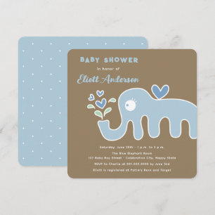Whimsical Blue Cartoon Elephant Boy Baby Shower Invitation