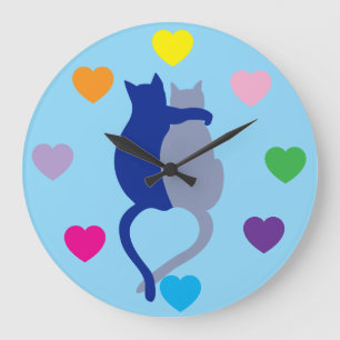 Whimsical Blue Cat Clock with Rainbow Hearts