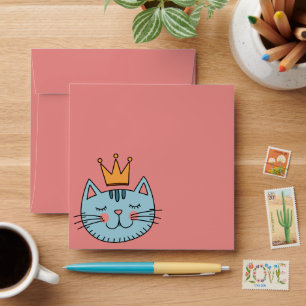 Whimsical Blue Cat With A Yellow Crown Custom Envelope