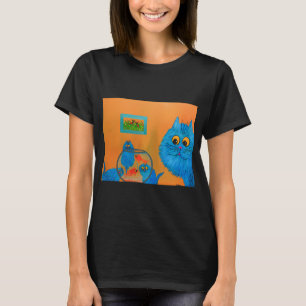 Whimsical Blue Cats with Goldfish Bowl – Playful T-Shirt