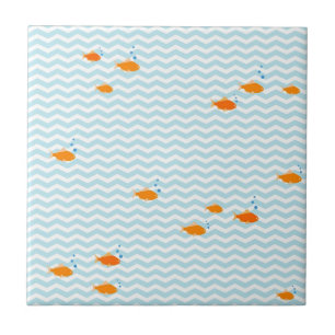 Whimsical Blue chevron with gold fish Tile