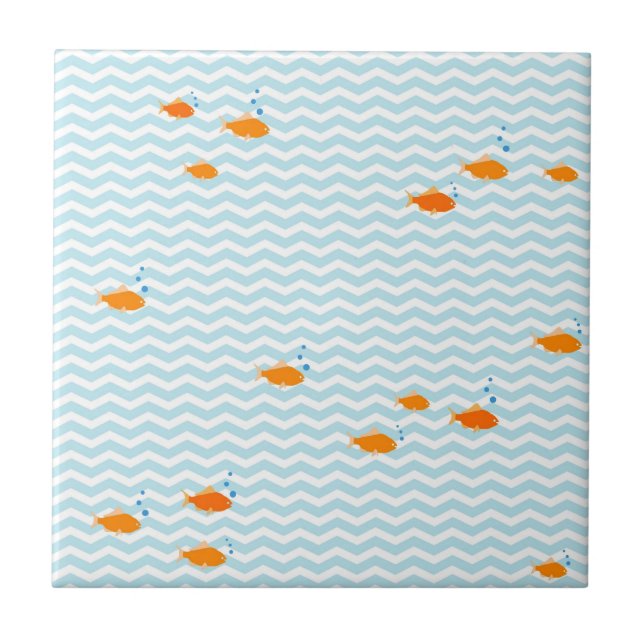 Whimsical Blue chevron with gold fish Tile (Front)