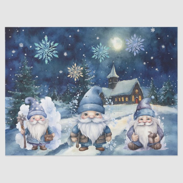 Whimsical Blue Christmas Gnome & Snowflakes Tissue Paper (Front)