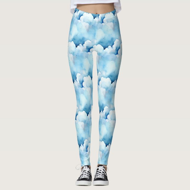 Whimsical Blue Clouds Leggings (Front)