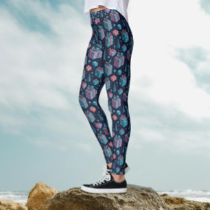 Whimsical Blue Colourful Gifts Christmas Pattern Leggings