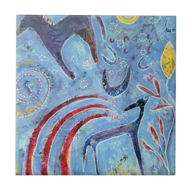 Whimsical blue dog and pony tile (Front)