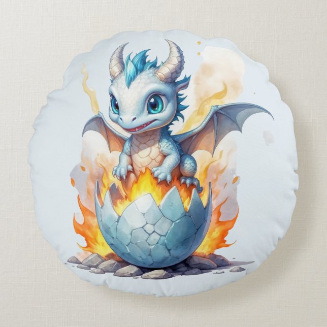 Whimsical Blue Dragon Frostfire Round Pillow (Front)