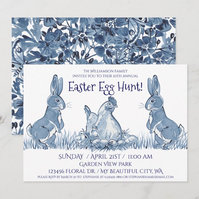 Whimsical Blue Easter Bunny Hen Chicks Egg Hunt Invitation (Front/Back)
