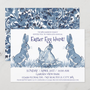 Whimsical Blue Easter Bunny Hen Chicks Egg Hunt Invitation