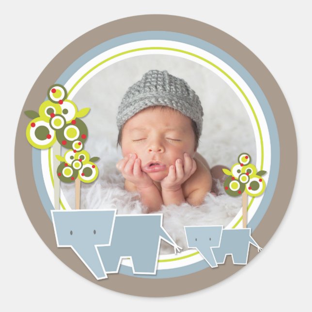 Whimsical Blue Elephants Family Baby Boy Photo Classic Round Sticker (Front)