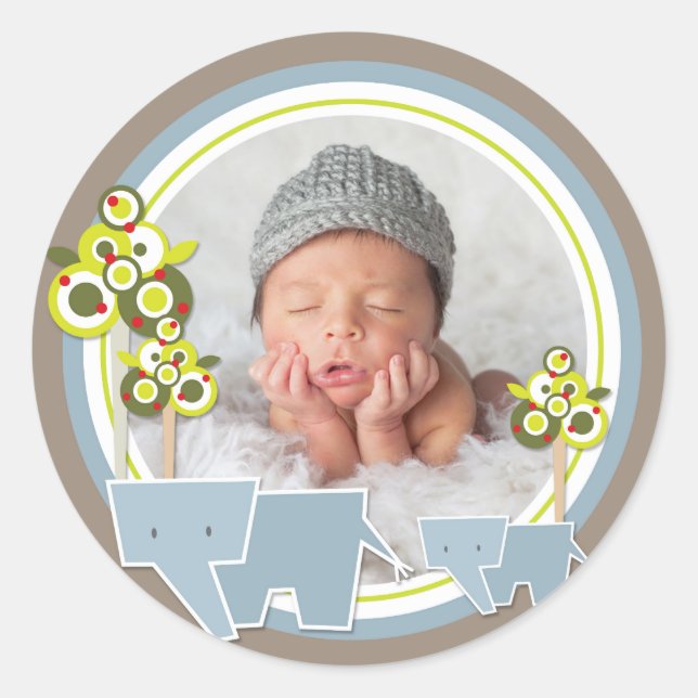 Whimsical Blue Elephants Family Baby Boy Photo Classic Round Sticker (Front)