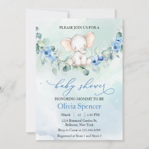 Whimsical Blue Floral Elephant Baby Shower Invitation