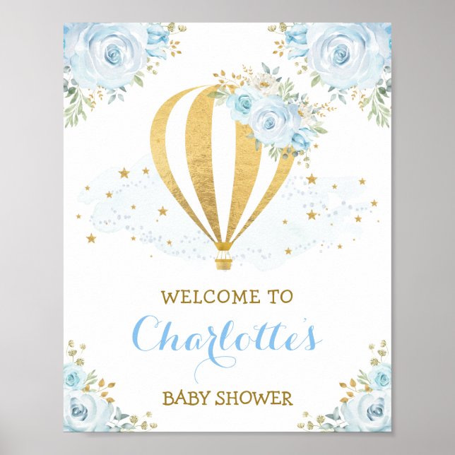 Whimsical Blue Floral Hot Air Balloon Welcome Poster (Front)