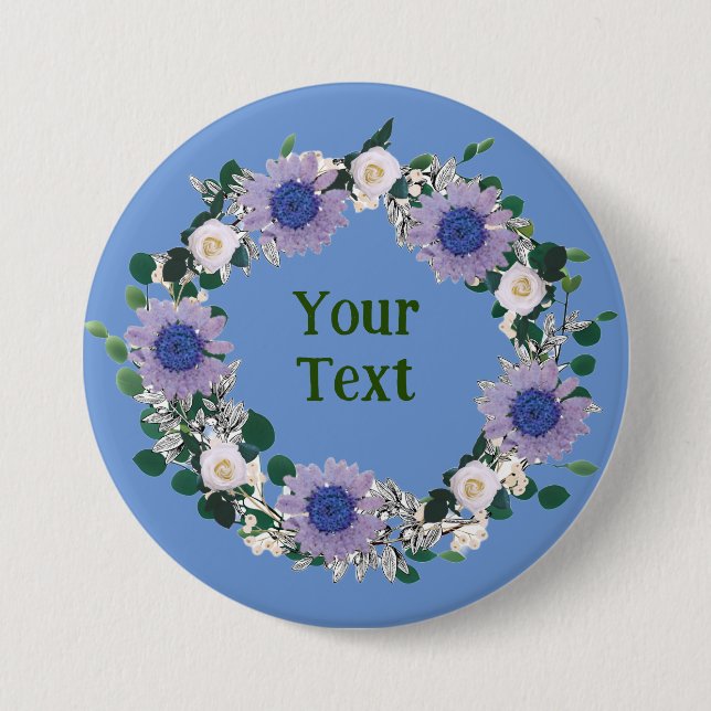 Whimsical Blue Flower Wreath Lapel Ornament 3 Inch Round Button (Front)