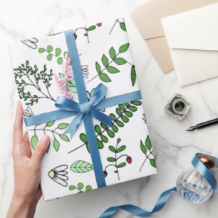 Whimsical Blue Flowers and Forest Leaves  Wrapping Paper