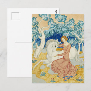 Whimsical Blue Forest Unicorn & Maiden Art Postcard