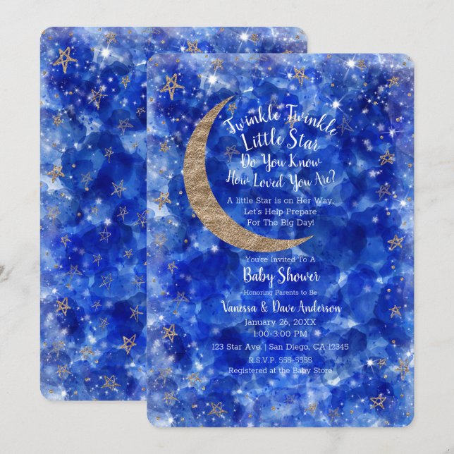 Whimsical Blue Gold Bronze Moon Stars Baby Shower Invitation (Front/Back)