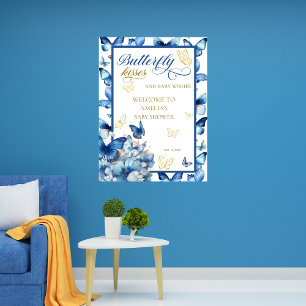 Whimsical Blue Gold Butterfly Kisses Baby Shower Poster