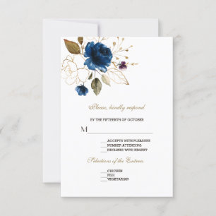 Whimsical Blue Gold Floral Wedding RSVP Card