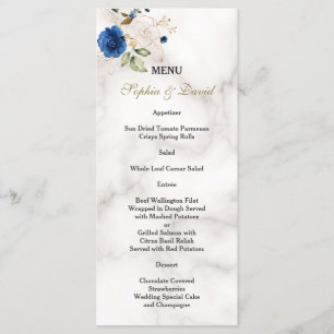 Whimsical Blue Gold Flowers Monogram Wedding Menu