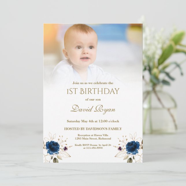 Whimsical Blue Gold Flowers Photo Boy 1st Birthday Invitation (Standing Front)