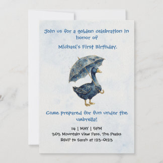 Whimsical Blue Gold Goose First Birthday Invitation
