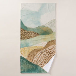 Whimsical Blue Green Brown Abstract Mountains Bath Towel