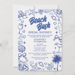 Whimsical Blue Hand Drawn Beach Bash Bridal Shower Invitation
